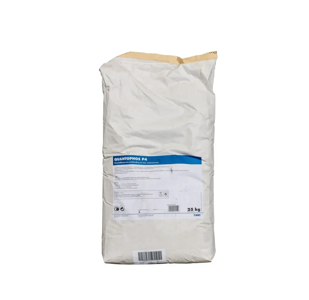 Weiße Papierverpackung mit blauem und schwarzem Etikett, enthält einen Wirkstoff von BWT, gekennzeichnet mit verschiedenen Informationen zur Anwendung.